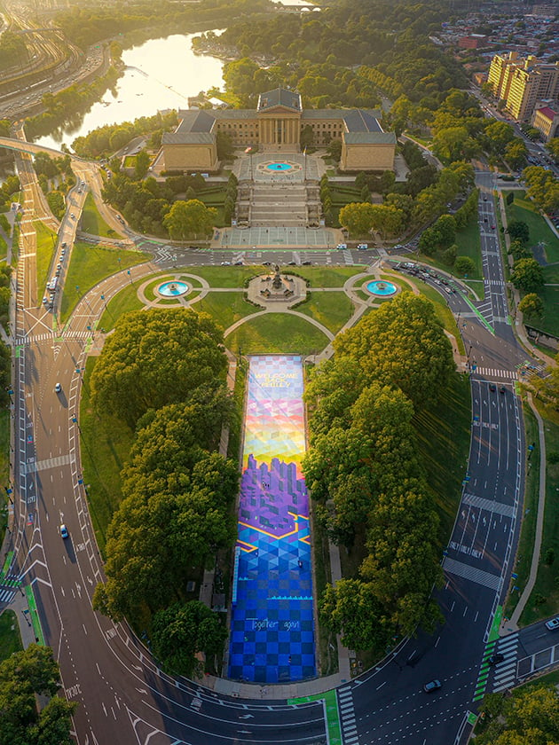 An aerial view of Benjamin Franklin Parkway in Philadelphia, Pennsylvania, USA near ELS Language Centers.