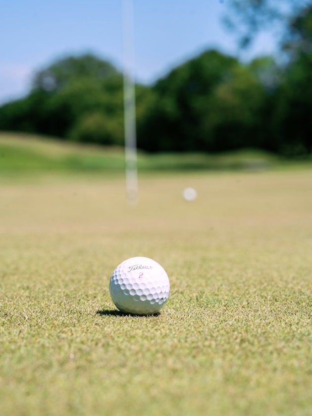 A gold ball on the grass at a golf course, a popular sport in San Rafael, California, USA, near ELS Language Centers.